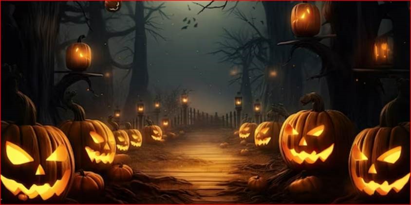 A spooky forest with  a path lined with jack-o-lanterns