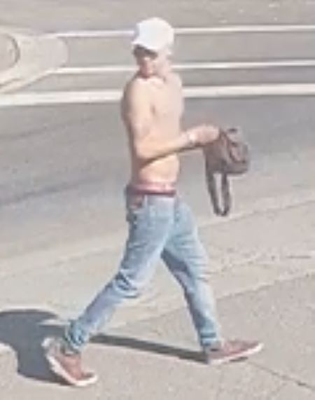 First male: shirtless, wearing a white baseball hat, sunglasses, blue jeans, brown shoes and carrying what appeared to be a brown bag with a long strap