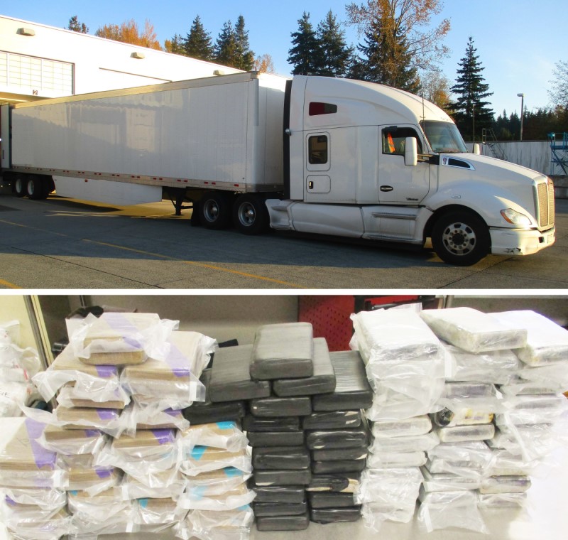 Picture collage shows the semi-trailer truck used to smuggle 80Kg of cocaine across the Canada-U.S. border, and below, the packaged cocaine seized by police