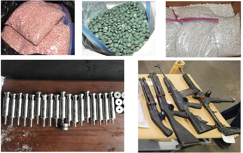 5 image collage of seized drugs, pill press dies, and firearms. The top three images are of Counterfeit Adderall, counterfeit Oxycontin, and Counterfeit Oxycocet. The two bottom images are of pill press dies, and 4 illegal firearms